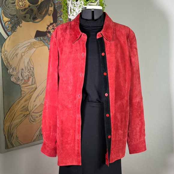 Linea Jackets & Blazers - Women’s Vintage Red & Black Suede Leather 90s Style Button Down Shirt Jacket